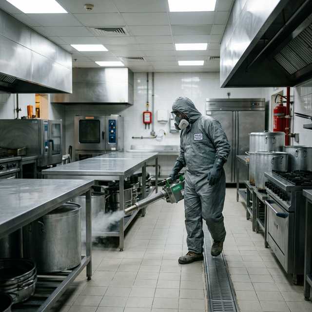 فني خبير من فرسانك يستخدم معدات الحقن لوضع الجل الألماني لمكافحة الصراصير في مطبخ بالجبيل الصناعية بأمان تام