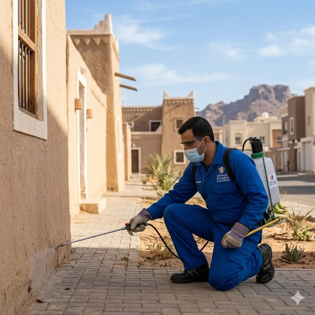 فني خبير من فرسانك يستخدم معدات الحقن لوضع الجل الألماني لمكافحة الصراصير في مطبخ بالمدينة المنورة بأمان تام