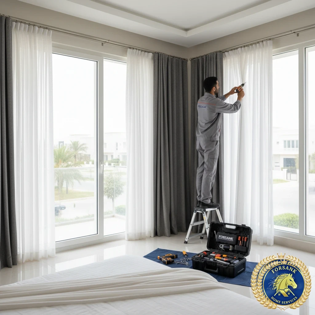 عامل يقوم بتركيب ستائر رول على نافذة كبيرة في الظهران