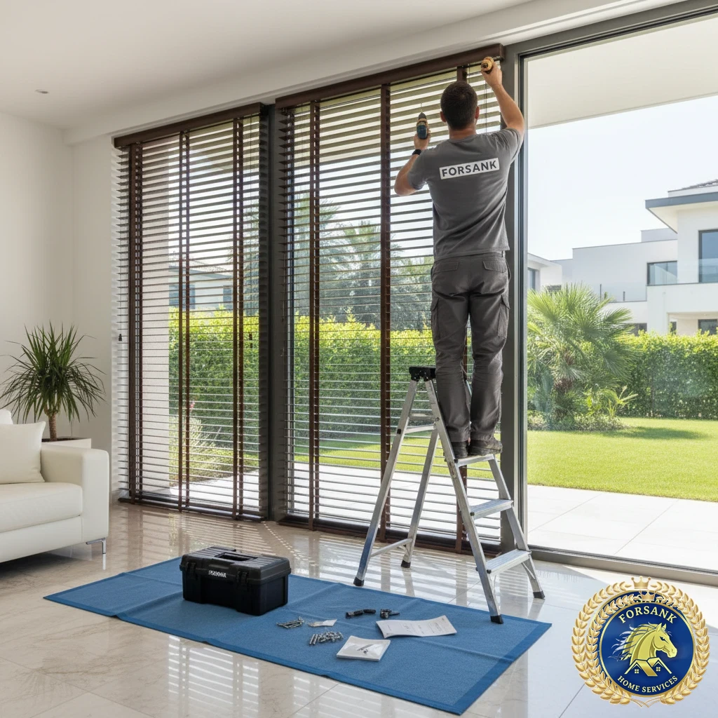 عامل يقوم بتركيب ستائر رول على نافذة كبيرة في الأحساء