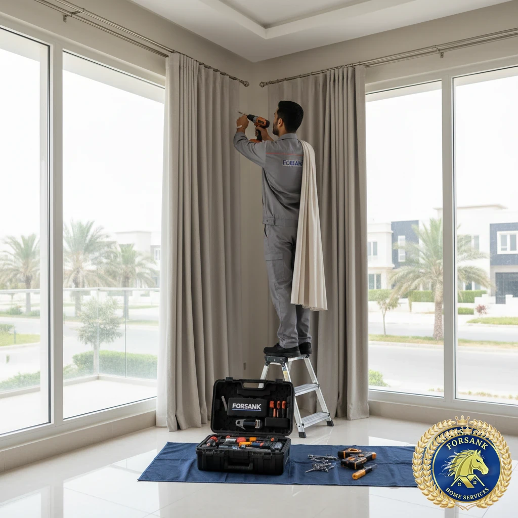 عامل يقوم بتركيب ستائر رول على نافذة كبيرة في القطيف