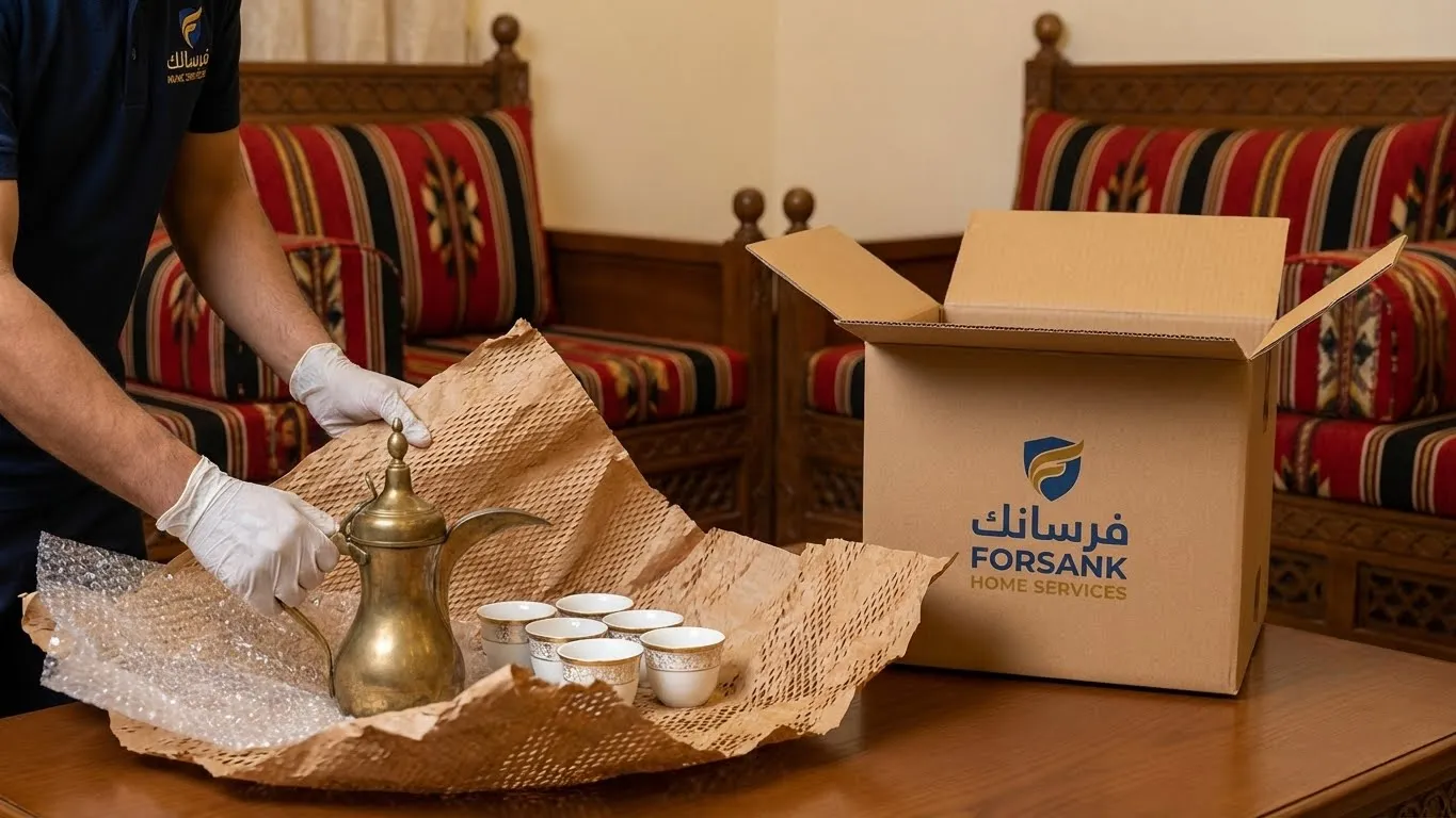 لقطة مقربة تظهر العناية الفائقة بتغليف التحف والدلال داخل مجلس ضيافة فاخر في الهفوف، تعكس الاهتمام بالتفاصيل الدقيقة