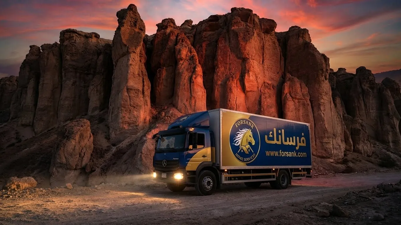 شاحنة فرسانك تقف بشموخ أمام صخور جبل القارة العملاقة وقت الغروب، صورة درامية تعبر عن القوة والوصول لأصعب التضاريس