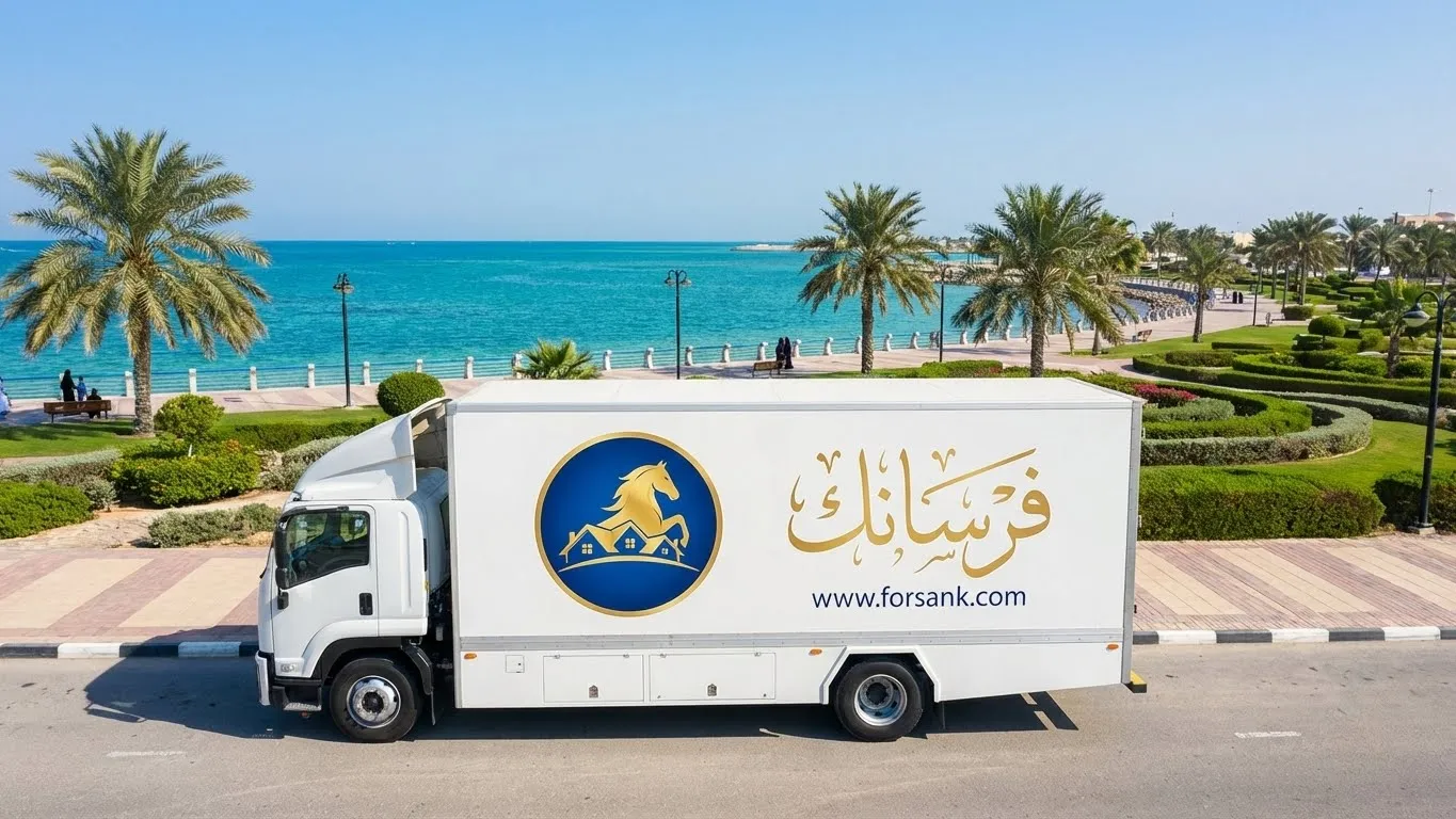 شاحنة نقل عفش فرسانك الحديثة والمغلقة تسير بجوار كورنيش الفناتير في الجبيل، جاهزة لخدمة النقل الآمن