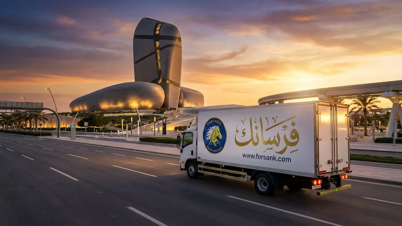 شاحنة فــرســانـك لنقل العفش تمر أمام مركز إثراء الثقافي بالظهران، مما يعكس عصرية الخدمة ومواكبتها للتطور العمراني
