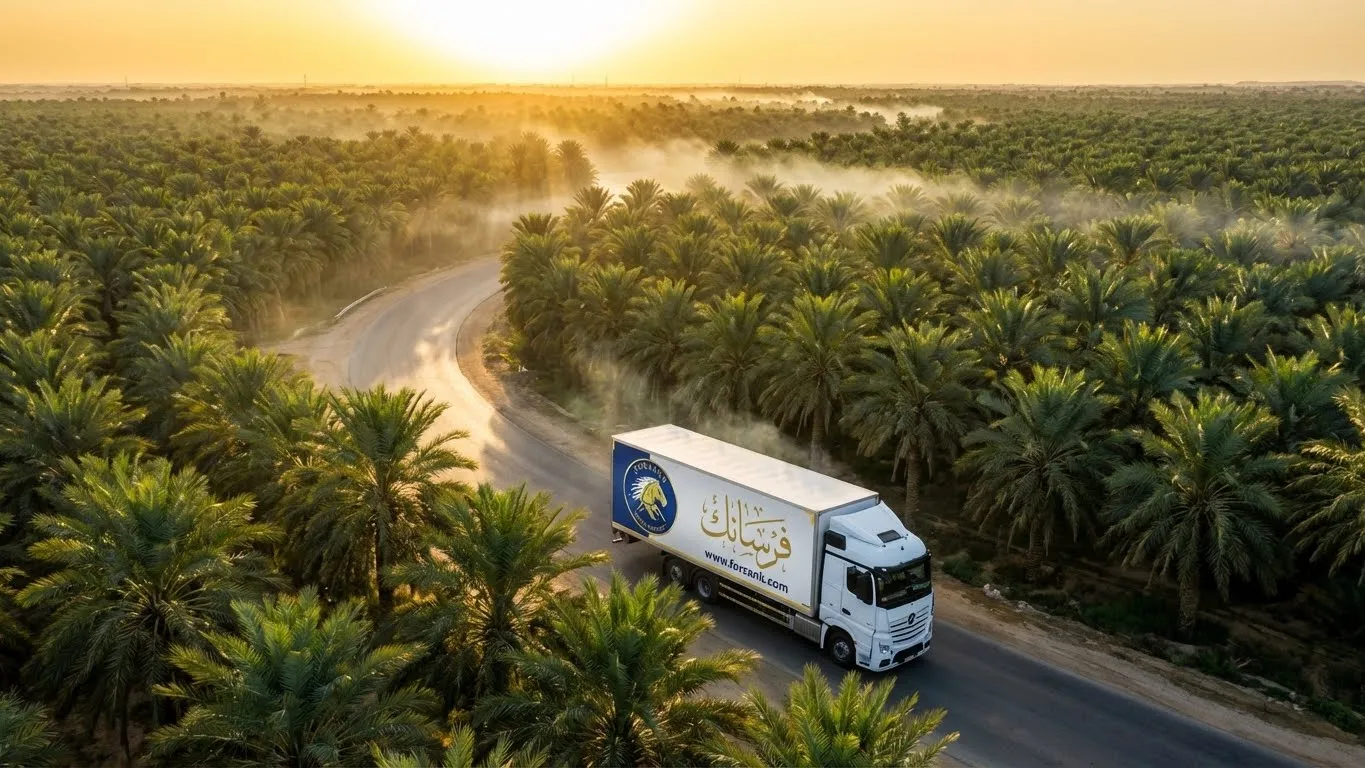 شاحنة فرسانك تشق طريقها وسط واحة نخيل الأحساء المذهلة وقت الشروق، مشهد يجمع بين جمال الطبيعة وسرعة الخدمات اللوجستية