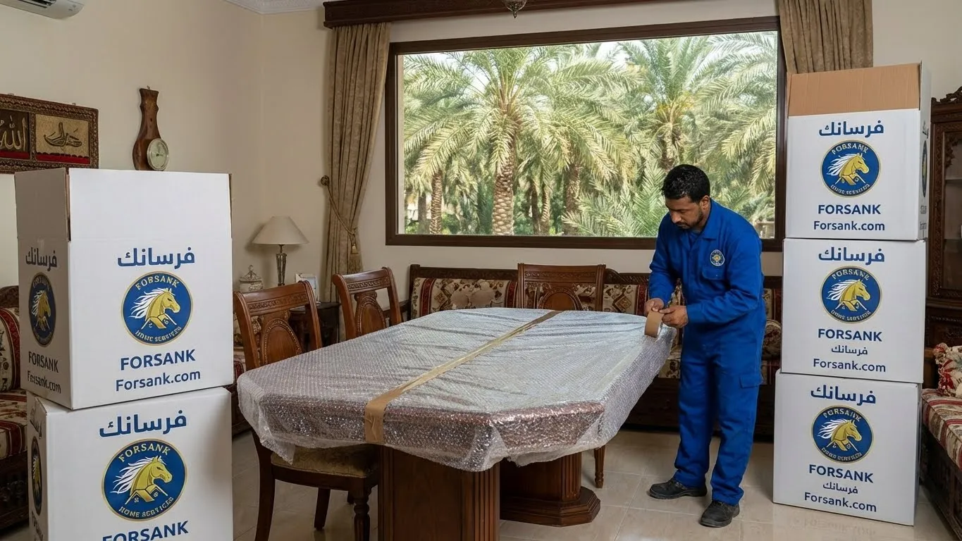 لقطة داخلية لتغليف العفش داخل منزل في القطيف مع إطلالة على مزارع النخيل، تعكس الاهتمام بسلامة المنقولات