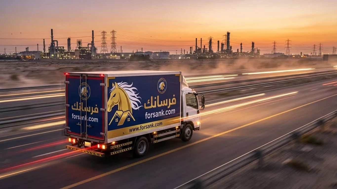 شاحنة نقل عفش حديثة تسير على طريق سريع بين الجبيل والدمام، ترمز لخدمة النقل بين المدن