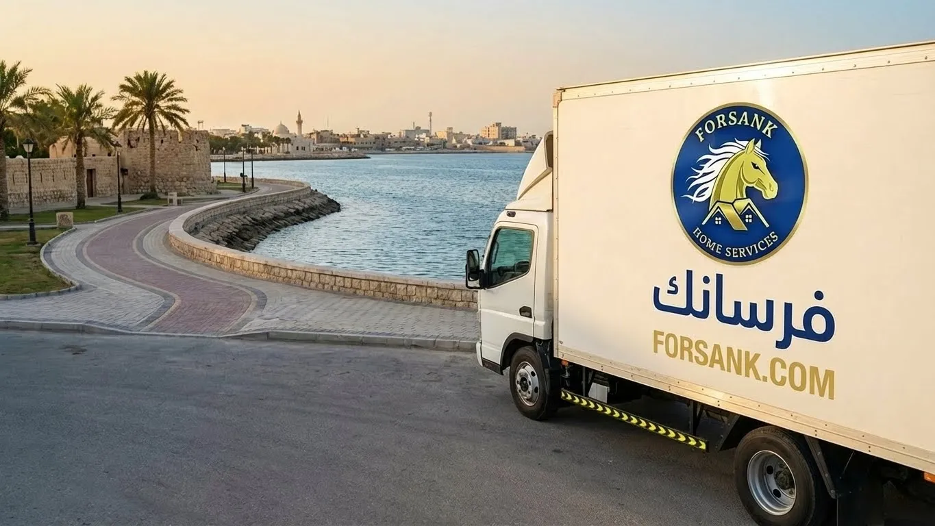 شاحنة فــرســانـك تسير على كورنيش القطيف البحري، موضحاً سرعة الخدمة وتوافرها في المناطق الساحلية