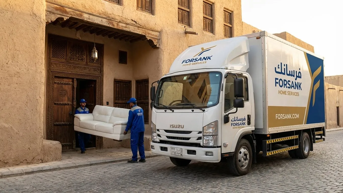 فريق فرسانك ينقل الأثاث الحديث من أمام منزل طيني تراثي في حي الكوت التاريخي، مزيج رائع بين عراقة الماضي وخدمة الحاضر