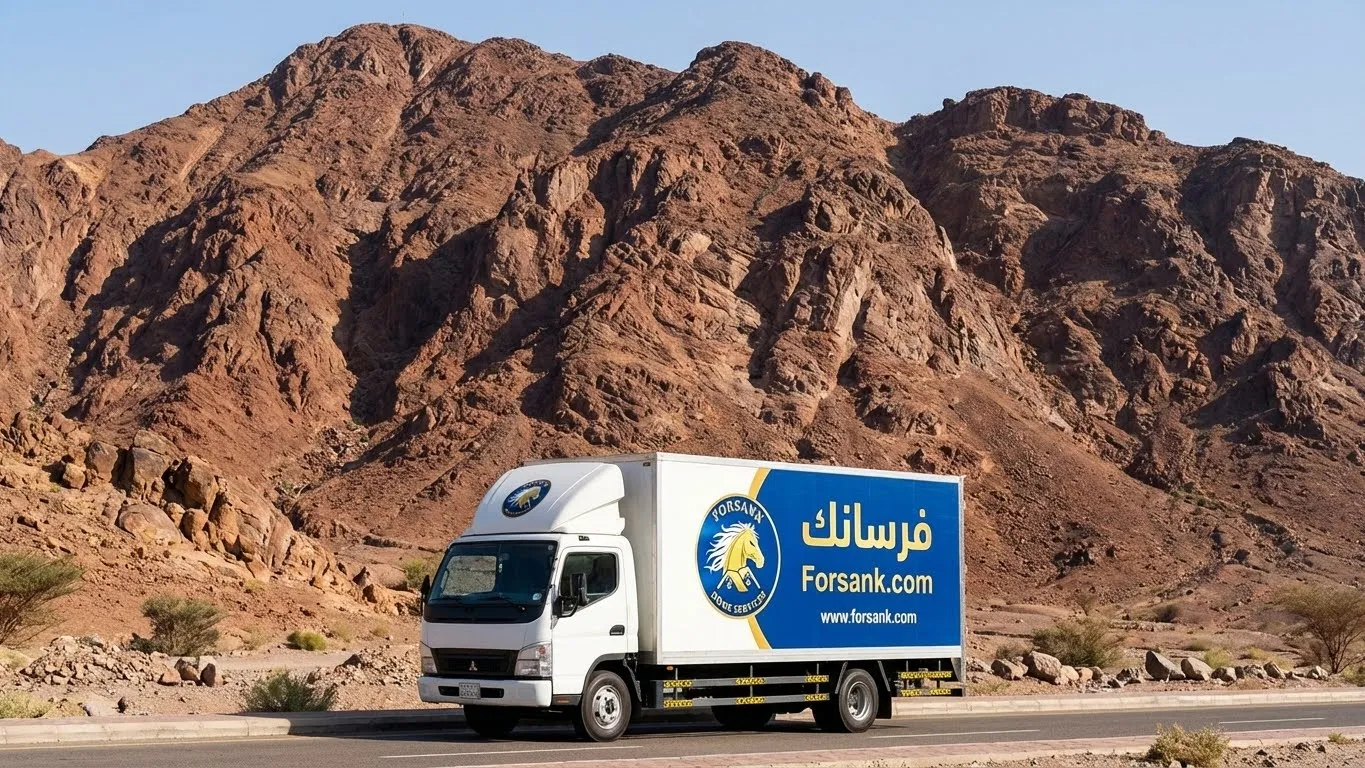 شاحنة فرسانك المميزة تقف بشموخ أمام جبل أحد التاريخي في المدينة المنورة، رمزاً للقوة والثبات في الخدمة