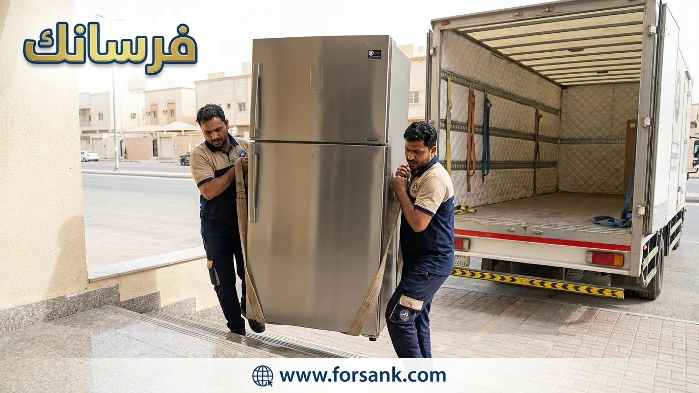 عمالة فنية تستخدم أحزمة رفع متخصصة لنقل ثلاجة كبيرة بأمان داخل شقة في الخبر