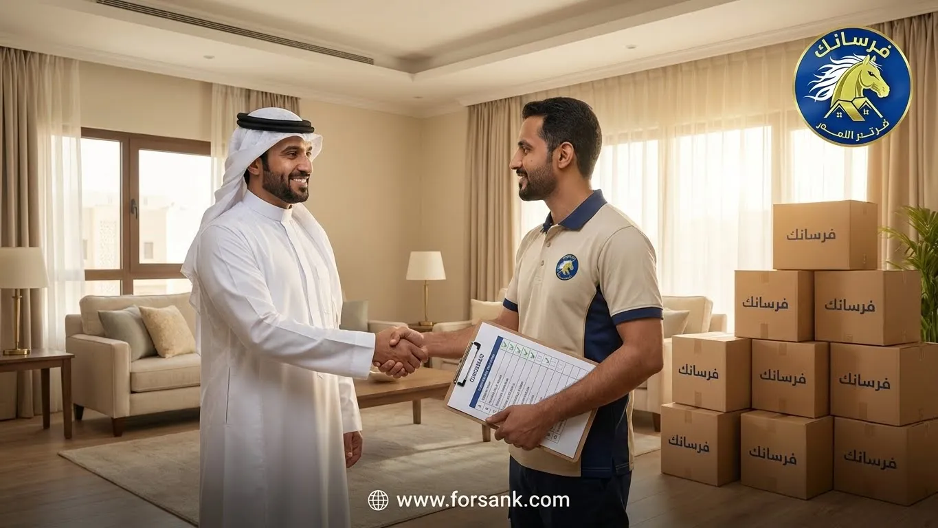 مشرف فريق النقل يصافح عميل سعودي مبتسم في منزله الجديد بعد إتمام عملية النقل ومراجعة القائمة