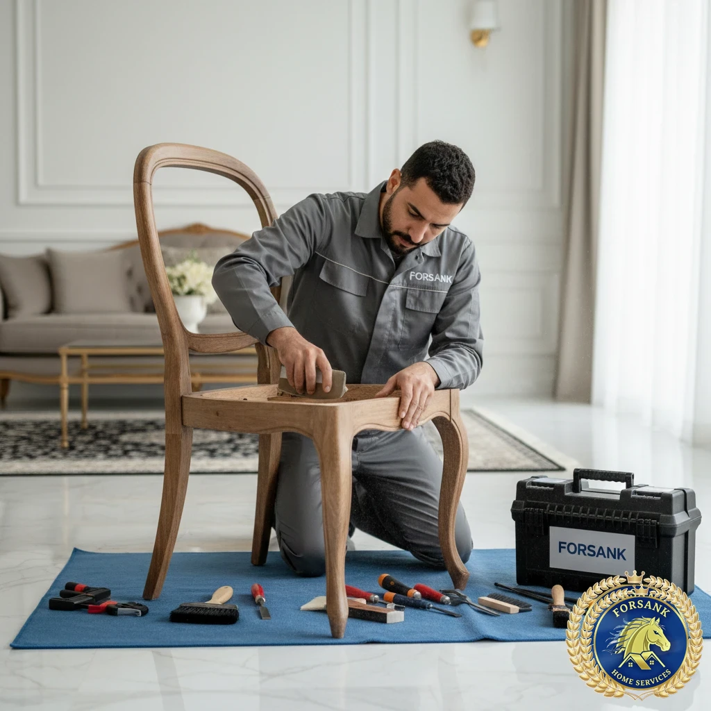 فني يقوم بصيانة وترميم كرسي خشبي قديم وإعادته كالجديد في حائل