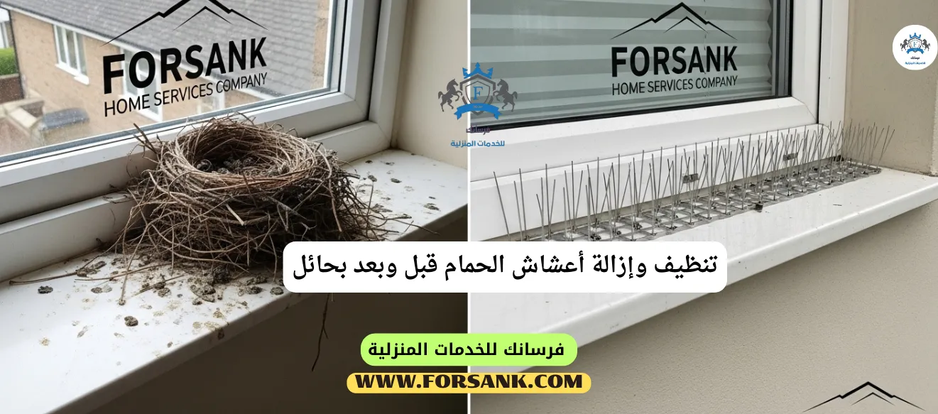 صورة مقارنة تظهر سطحاً متسخاً بمخلفات وأعشاش الحمام قبل تدخل فــرســانـك في حائل، والجانب الآخر يظهر نفس السطح نظيفاً ومعقماً بعد الخدمة