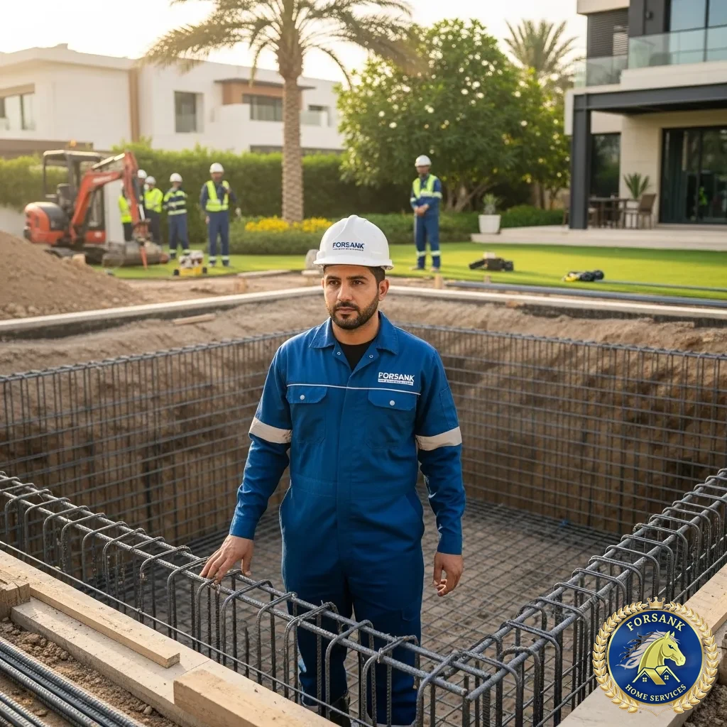 معدات انشاء مسابح فــرســانـك الحديثة المغلقة والمجهزة أمام فيلا سكنية في الدمام