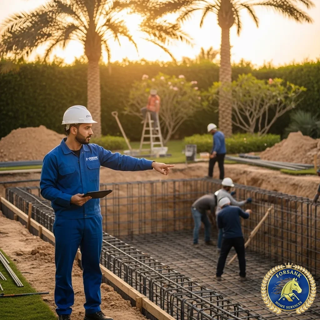 معدات انشاء مسابح فــرســانـك الحديثة المغلقة والمجهزة أمام فيلا سكنية في تبوك