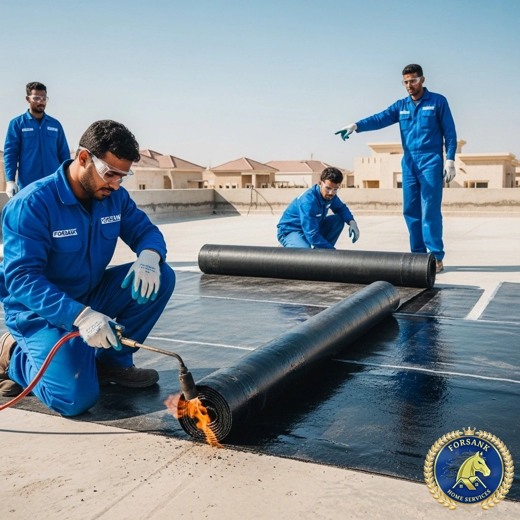 فريق فني يقوم بتطبيق عزل الفوم والشاش المائي على سطح مبنى في القطيف